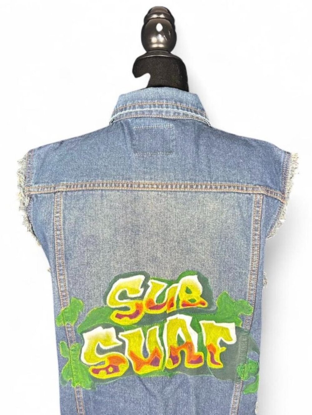 Hand Painted Denim Vest S Y2K Surf Art OOAK